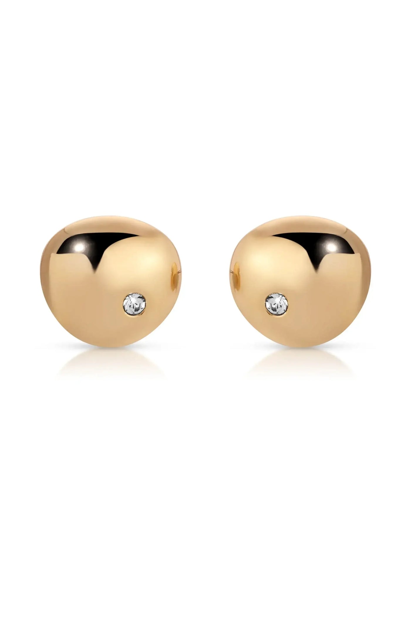 Two gold-colored spherical earrings are displayed side by side. Each earring features a small, sparkling diamond embedded on one side, reflecting light against a white background.