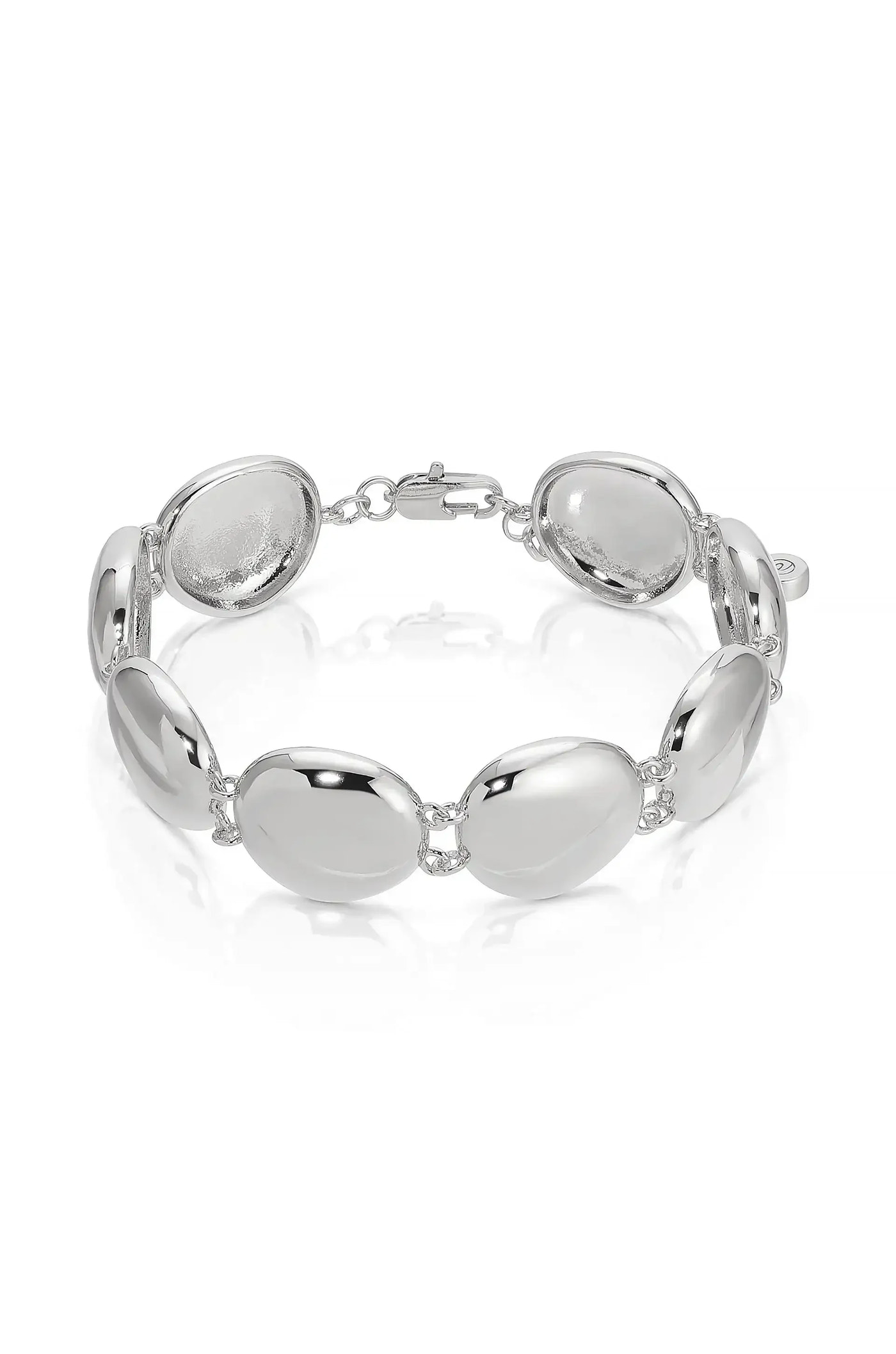 A silver bracelet features smooth, oval links connected by delicate chains. It rests against a plain, light background, showcasing its reflective surfaces and elegant design.