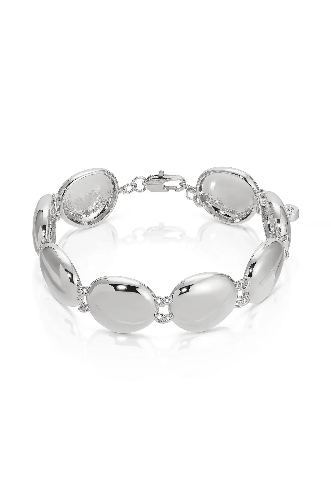 A silver bracelet features smooth, oval links connected by delicate chains. It rests against a plain, light background, showcasing its reflective surfaces and elegant design.