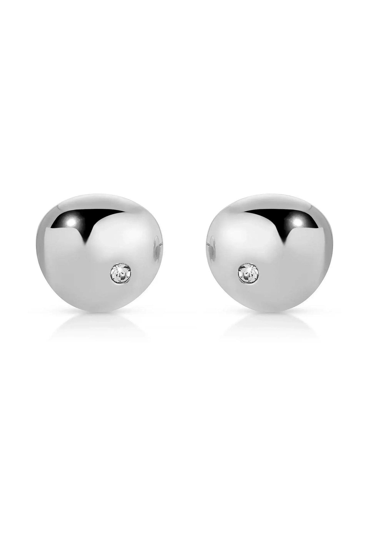 Two spherical silver earrings, each featuring a small diamond-like embellishment, are displayed against a plain white background, highlighting their sleek, polished design and reflective surfaces.