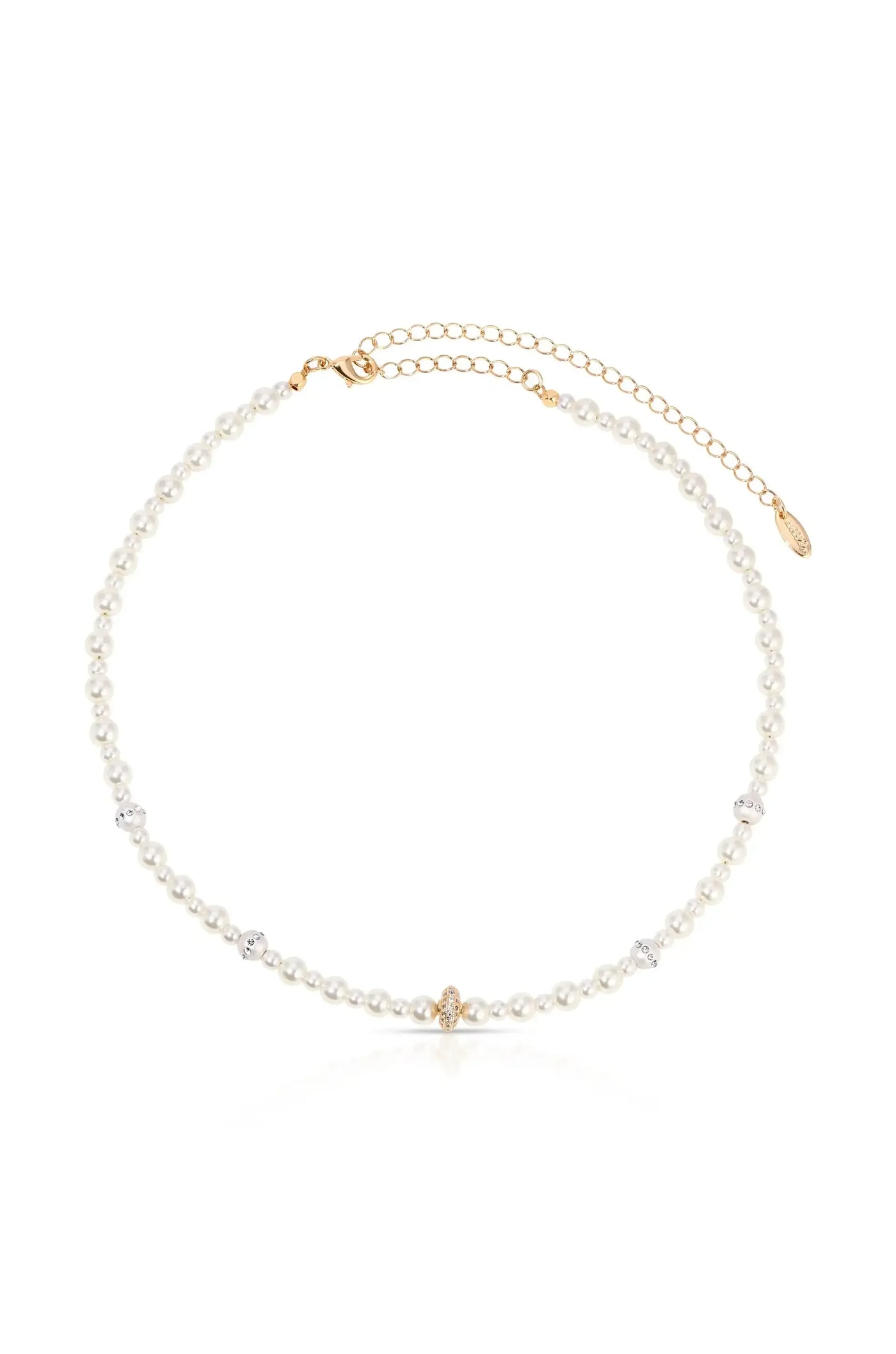 A delicate pearl necklace features alternating pearls and metallic beads, showcasing a central golden accent. It is displayed against a white background, enhancing its elegant appearance.