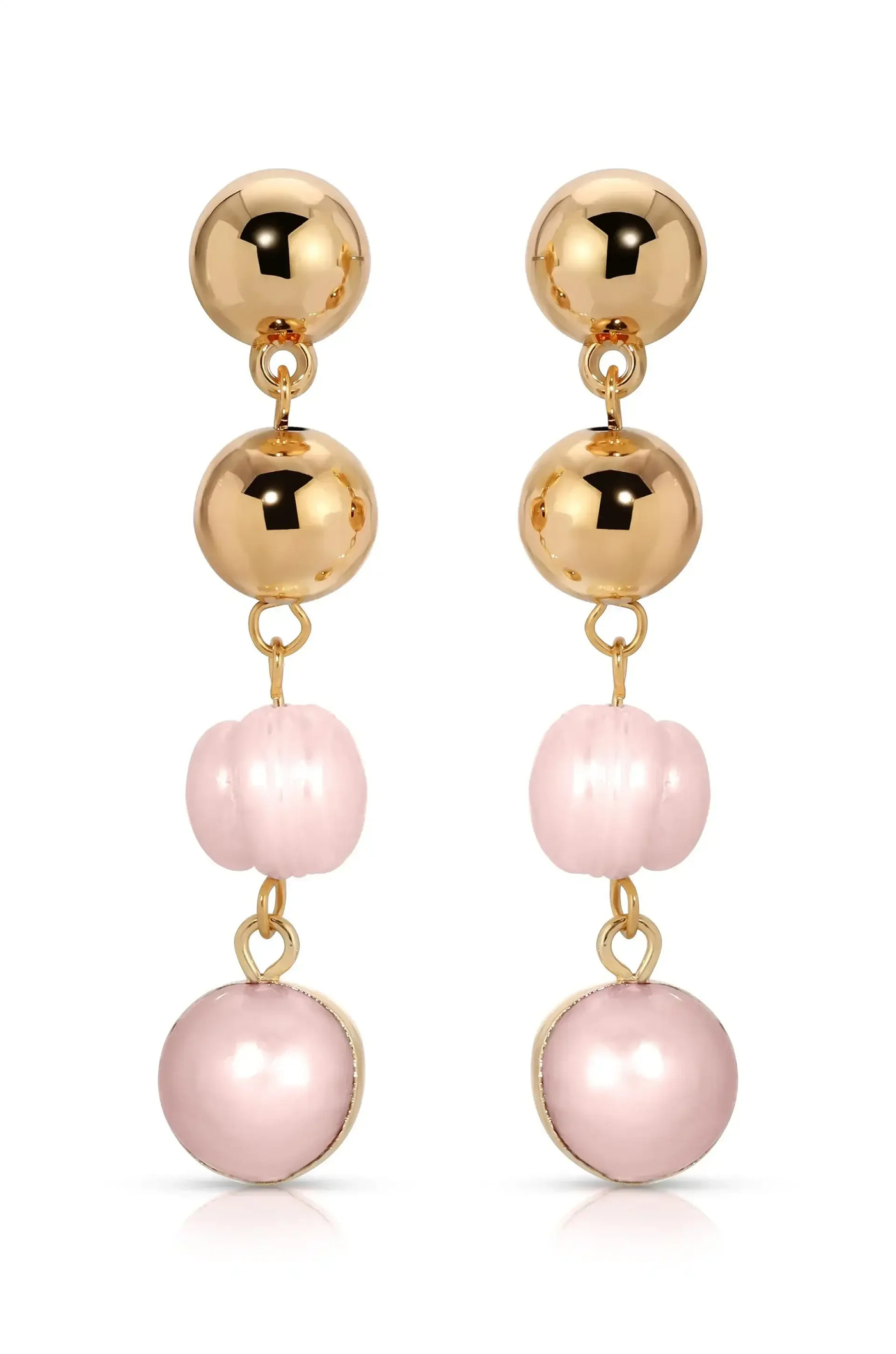Two pairs of earrings feature a design with a shiny gold spherical top, a pink rounded bead in the middle, and a larger pink sphere at the bottom, creating an elegant look.