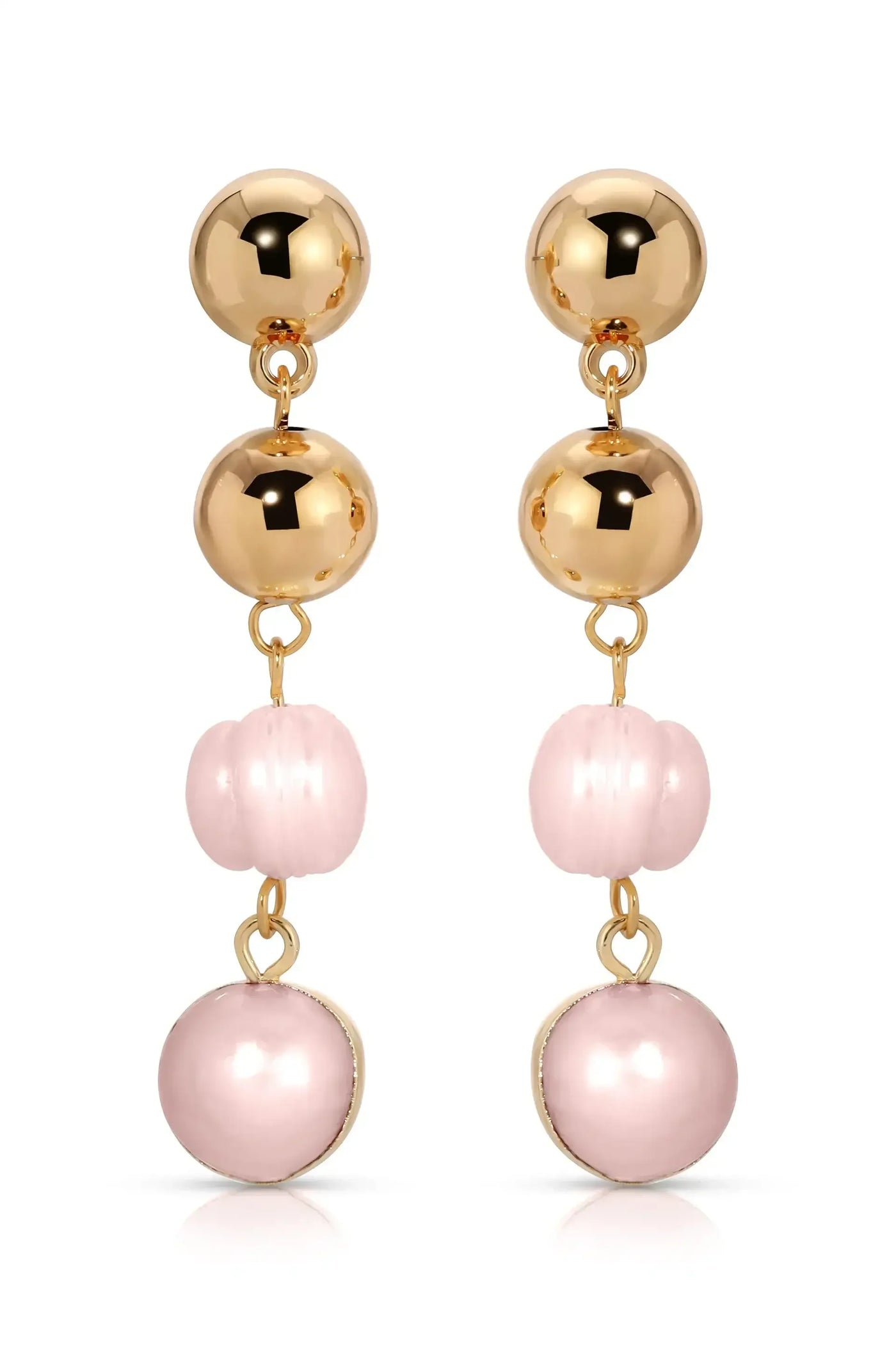Two pairs of earrings feature a design with a shiny gold spherical top, a pink rounded bead in the middle, and a larger pink sphere at the bottom, creating an elegant look.