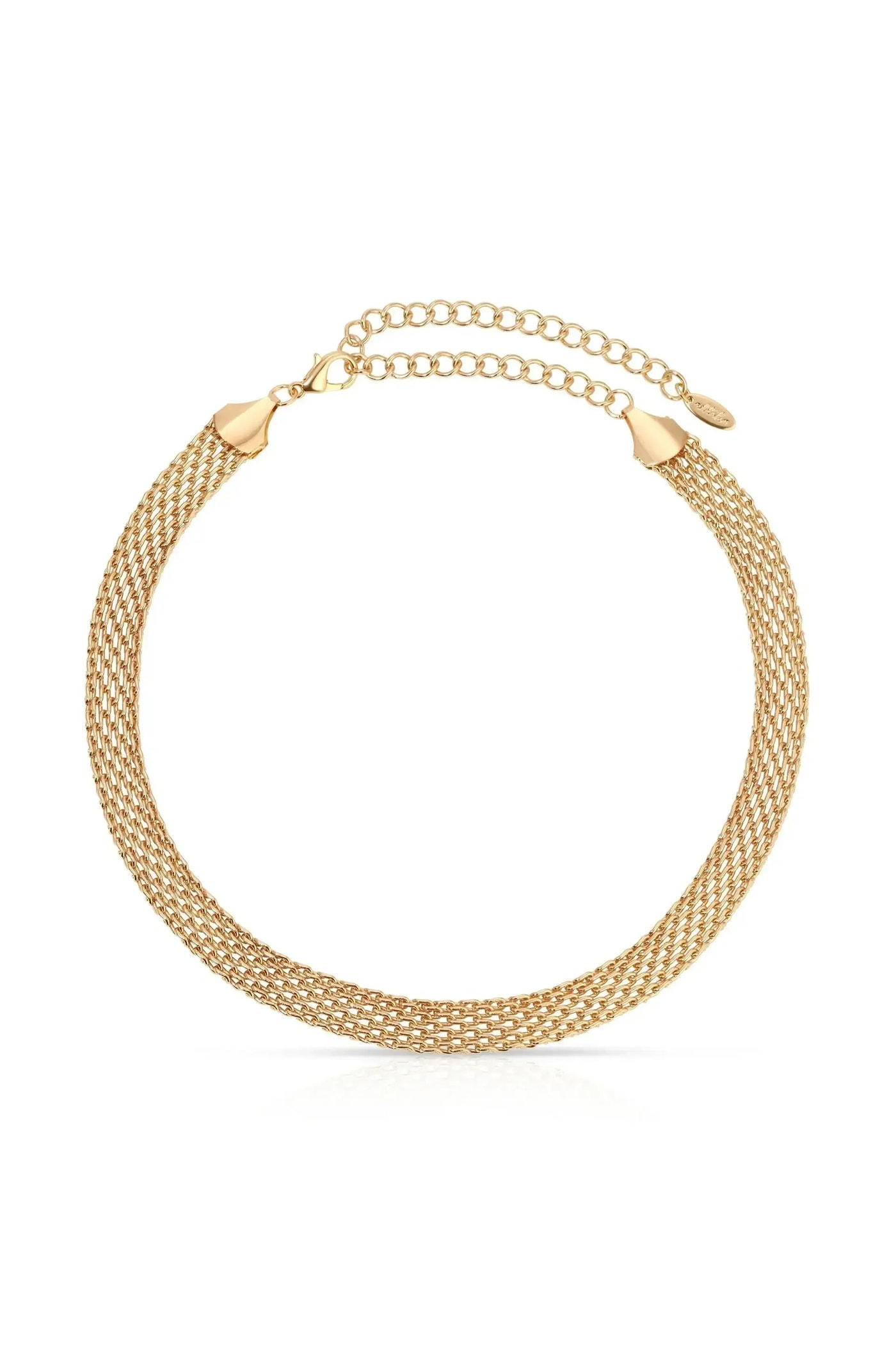 A gold mesh necklace with a smooth, woven design lays flat, reflecting light. It features a clasp and an adjustable chain for securing around the neck.