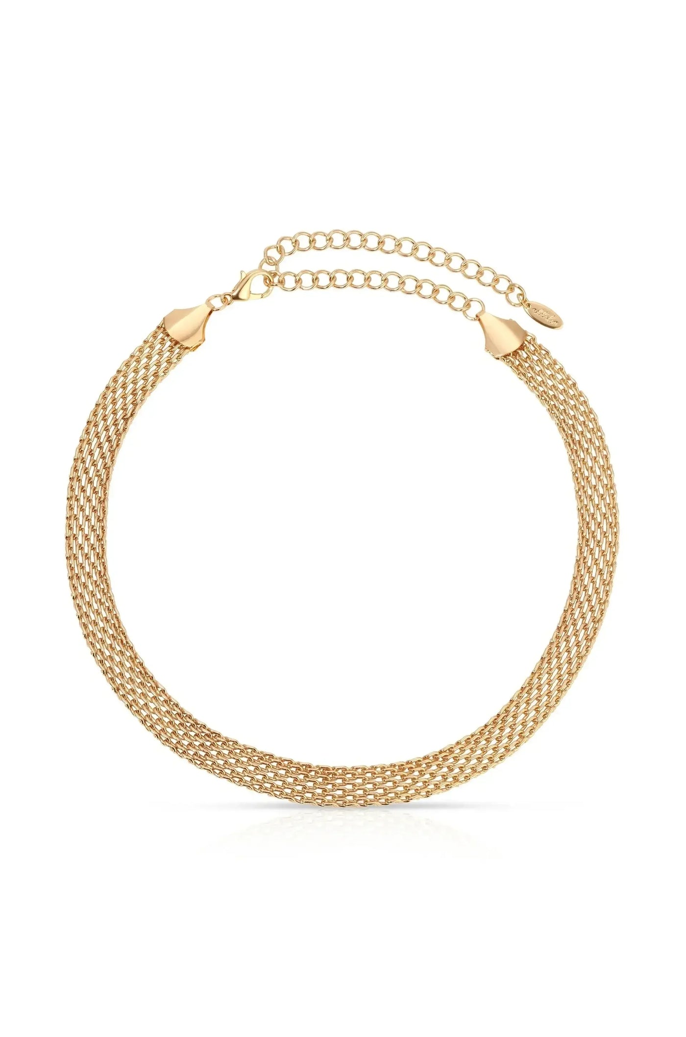 A gold mesh necklace with a smooth, woven design lays flat, reflecting light. It features a clasp and an adjustable chain for securing around the neck.