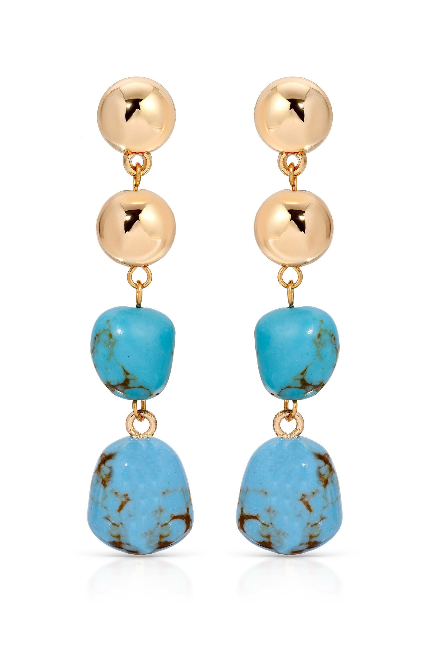 Two stylish earrings feature a top round glossy gold ball, a turquoise stone beneath it, and a larger turquoise stone at the bottom, showcasing a chic, modern design.