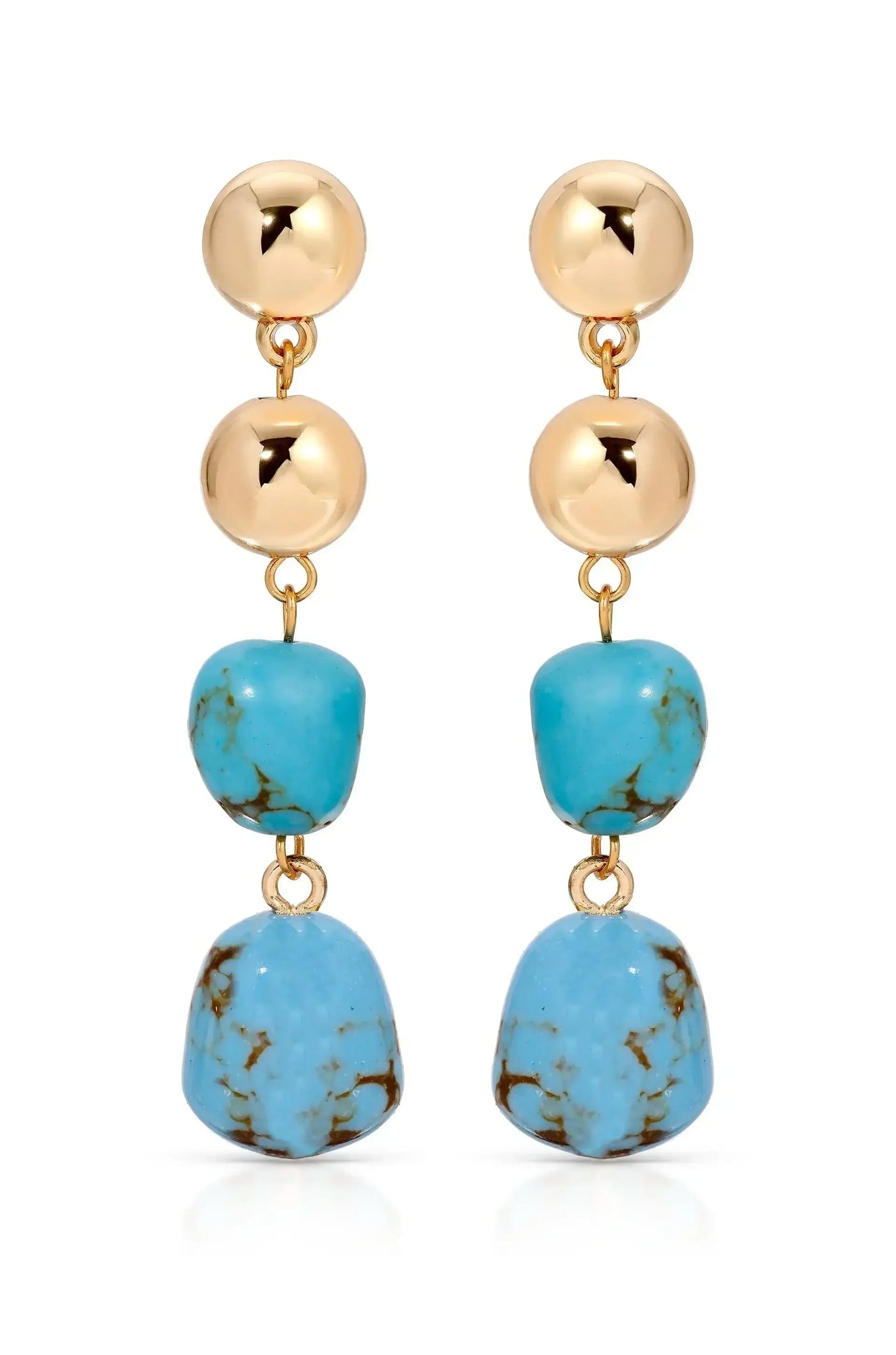 Two stylish earrings feature a top round glossy gold ball, a turquoise stone beneath it, and a larger turquoise stone at the bottom, showcasing a chic, modern design.