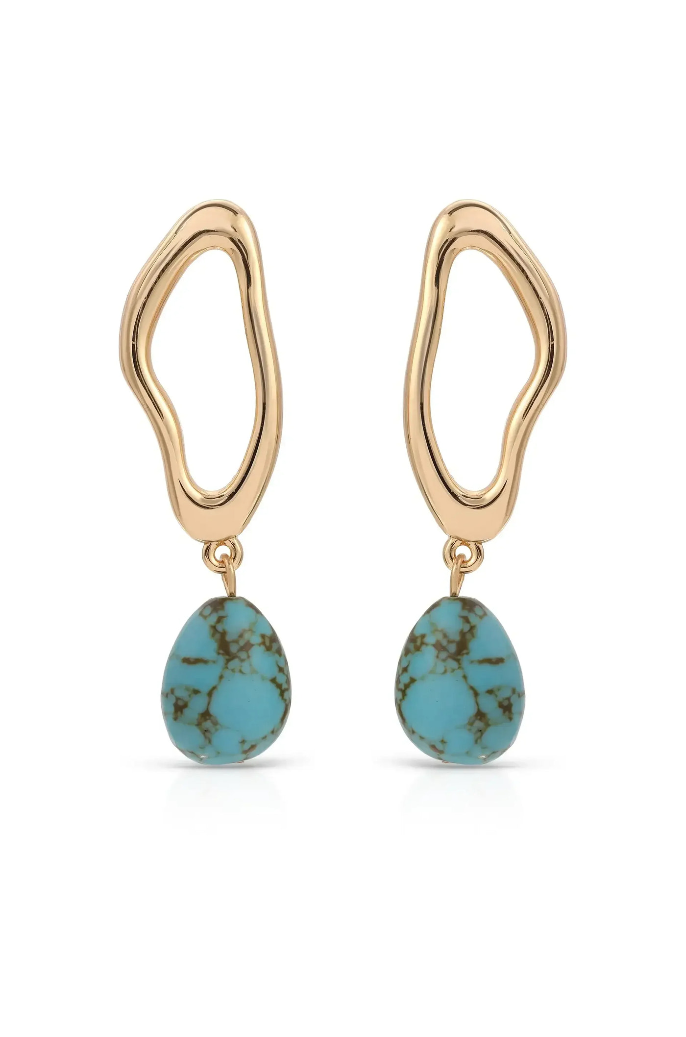 Gold earrings feature wavy, abstract shapes at the top, with teardrop turquoise stones dangling below. The stones exhibit a speckled pattern, creating a vibrant contrast with the shiny gold.