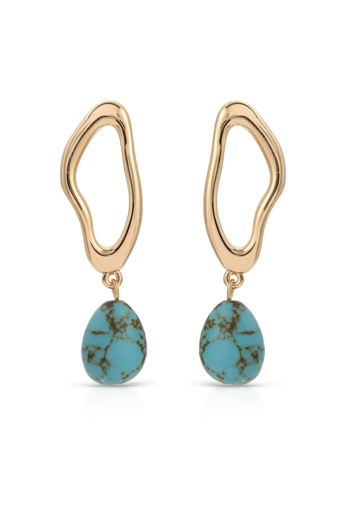 Gold earrings feature wavy, abstract shapes at the top, with teardrop turquoise stones dangling below. The stones exhibit a speckled pattern, creating a vibrant contrast with the shiny gold.