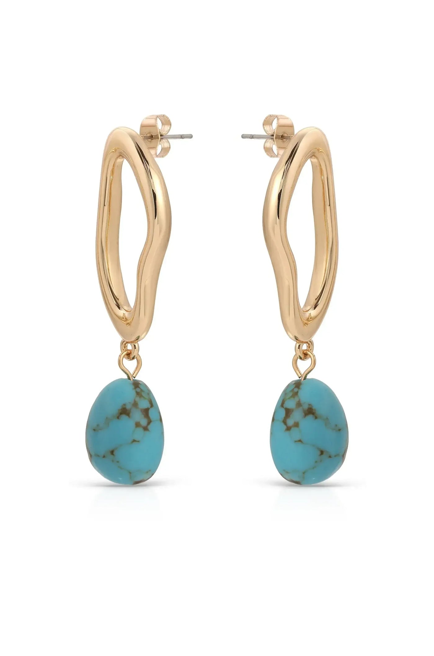Gold hoop earrings feature a smooth, elongated shape with a turquoise teardrop pendant. They hang elegantly, reflecting light against a minimalist white background, emphasizing their vibrant color and design.