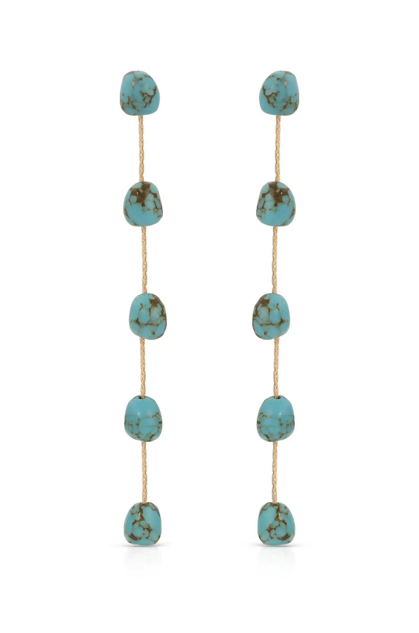 Dangling earrings made of turquoise stones are suspended on thin golden strands, showcasing a repeated pattern. The background is plain and soft, emphasizing the jewelry's color and design.