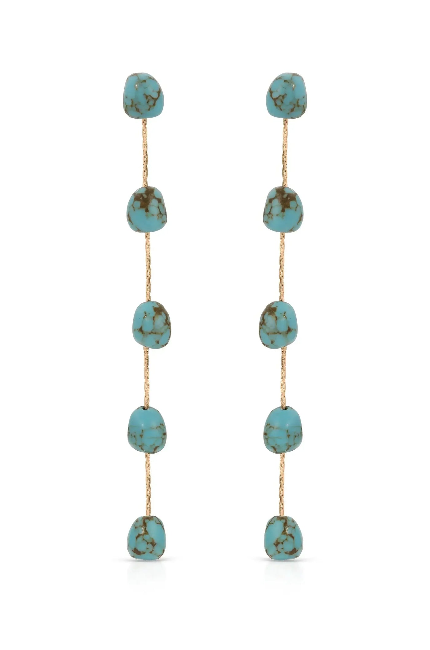Dangling earrings made of turquoise stones are suspended on thin golden strands, showcasing a repeated pattern. The background is plain and soft, emphasizing the jewelry's color and design.