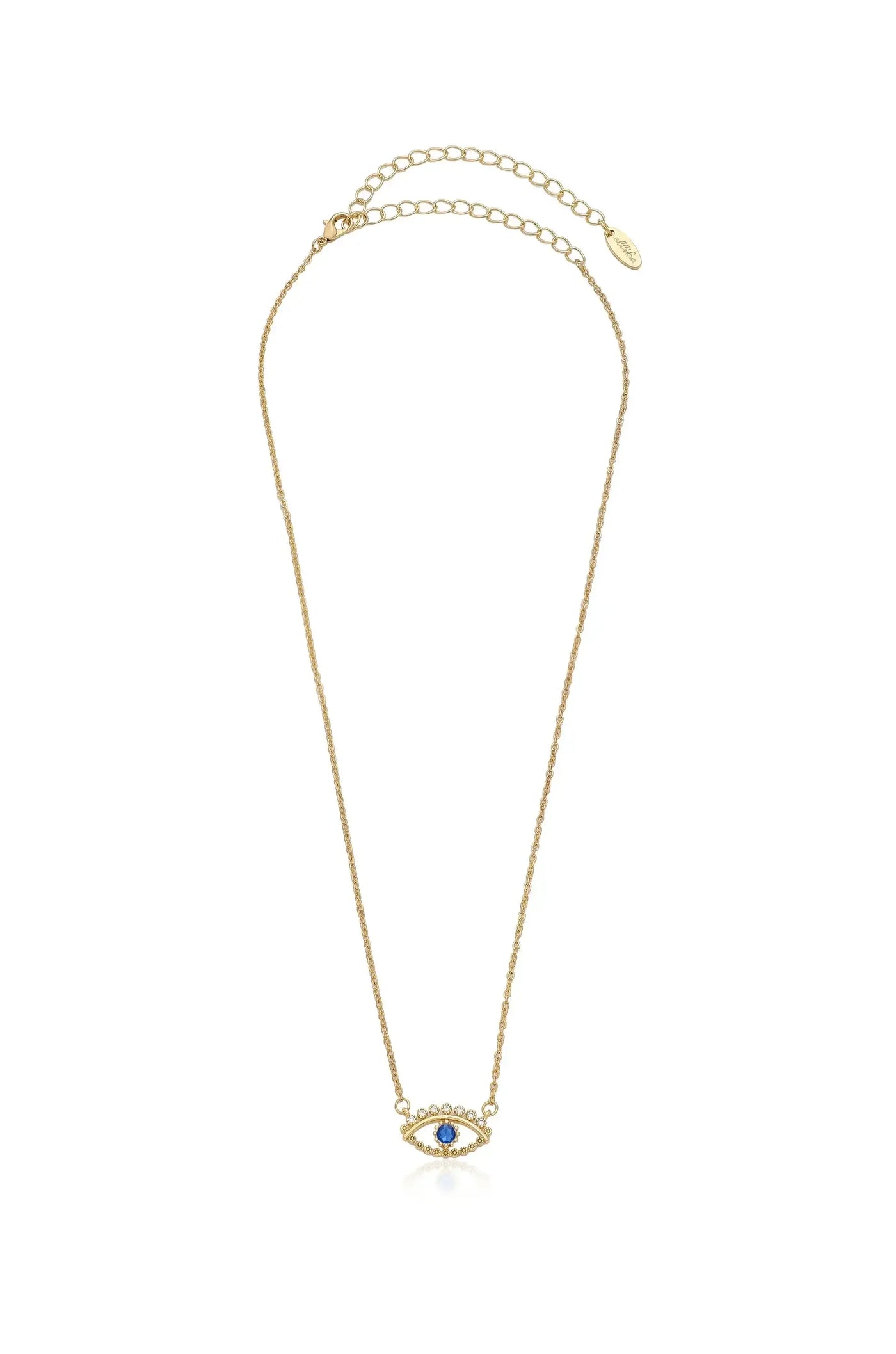 A gold necklace features an eye-shaped pendant with a blue center stone surrounded by small white gems. The chain has an adjustable length with a clasp for fastening.