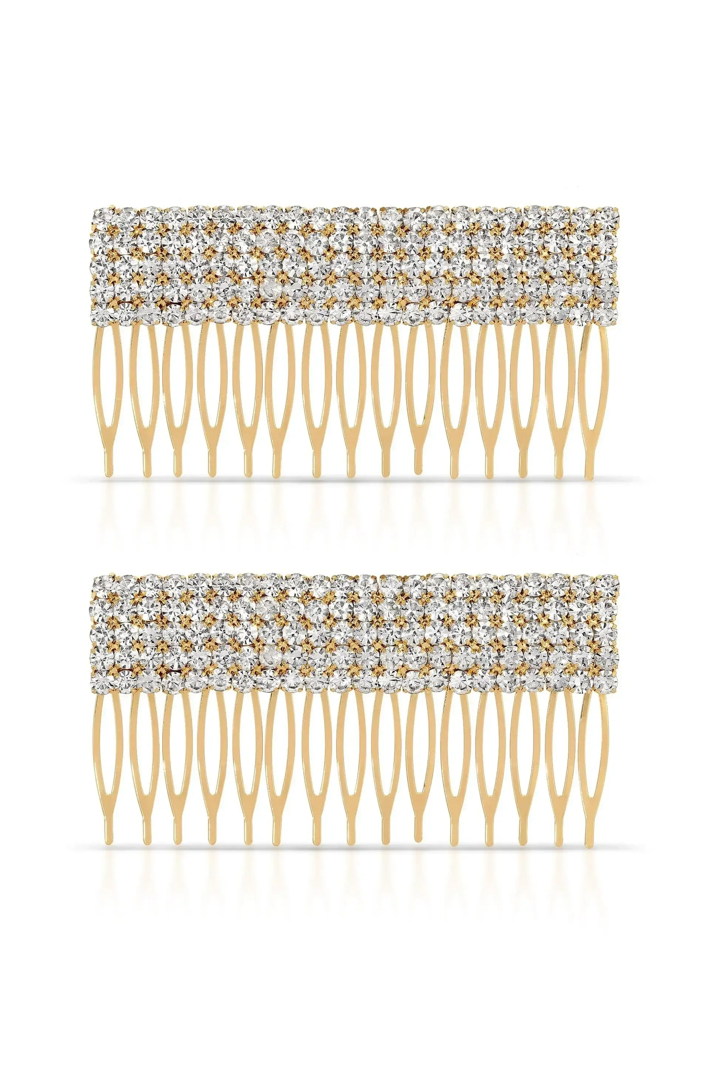 Two gold hair combs, adorned with sparkling rhinestones on the top, are displayed prominently against a white background, showcasing their decorative and functional design for securing hair.