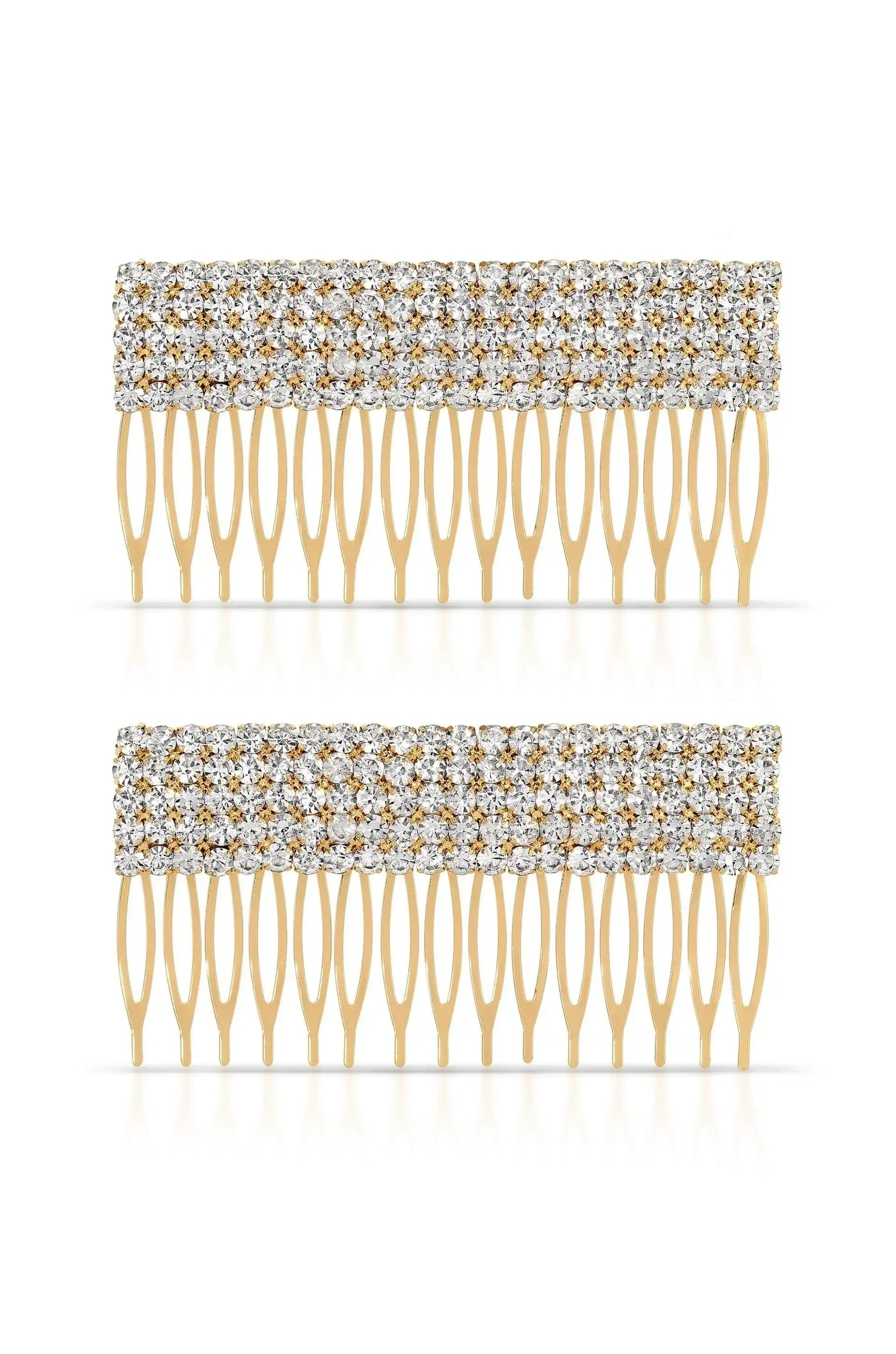 Two gold hair combs, adorned with sparkling rhinestones on the top, are displayed prominently against a white background, showcasing their decorative and functional design for securing hair.