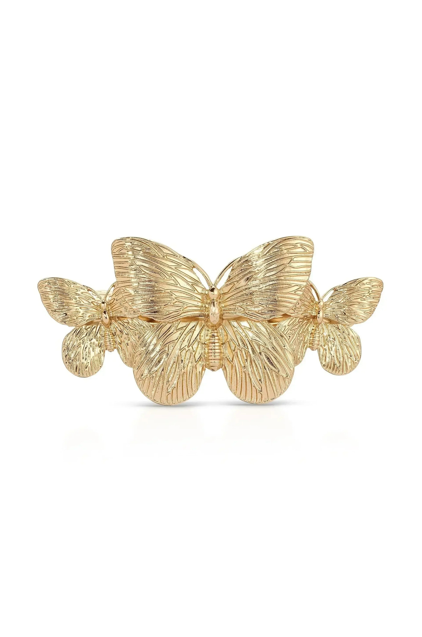 A decorative hair clip featuring three intricately designed butterflies, crafted in gold-tone metal, positioned against a white background, emphasizing elegance and style.