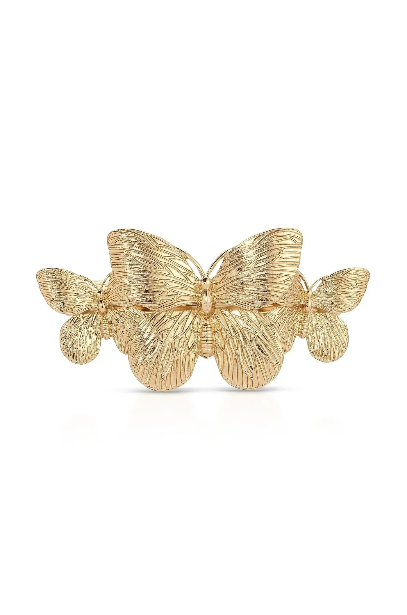 A decorative hair clip featuring three intricately designed butterflies, crafted in gold-tone metal, positioned against a white background, emphasizing elegance and style.