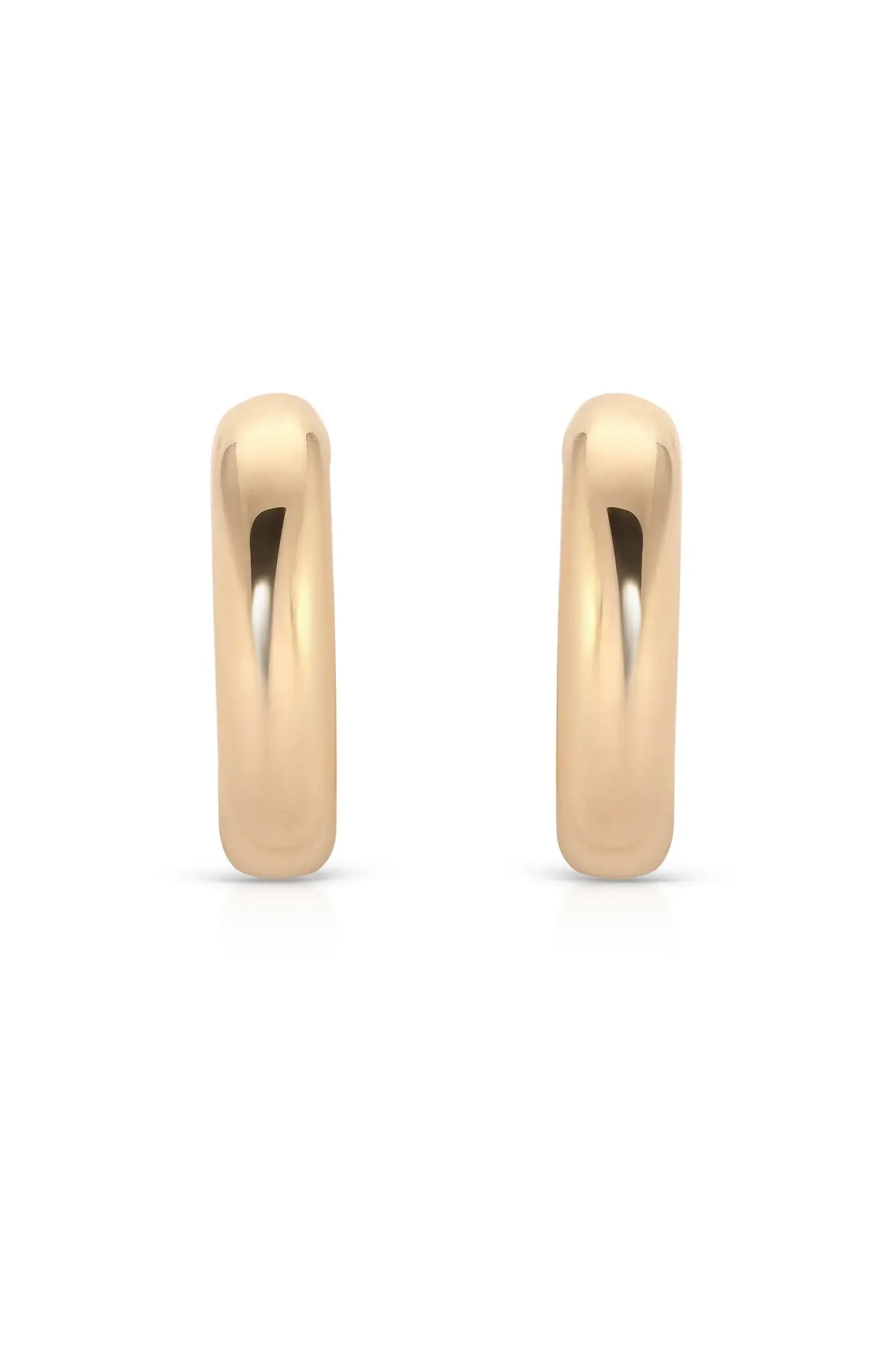Two gold hoop earrings are displayed side by side. They have a smooth, polished finish and a slight curve, reflecting light. The background is white, emphasizing their shine and design.