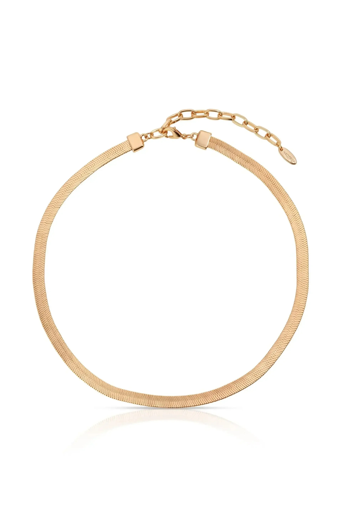 A sleek gold necklace lies flat, showcasing its smooth, flexible design. It features a clasp and an adjustable chain for length, appearing elegant against a plain white background.