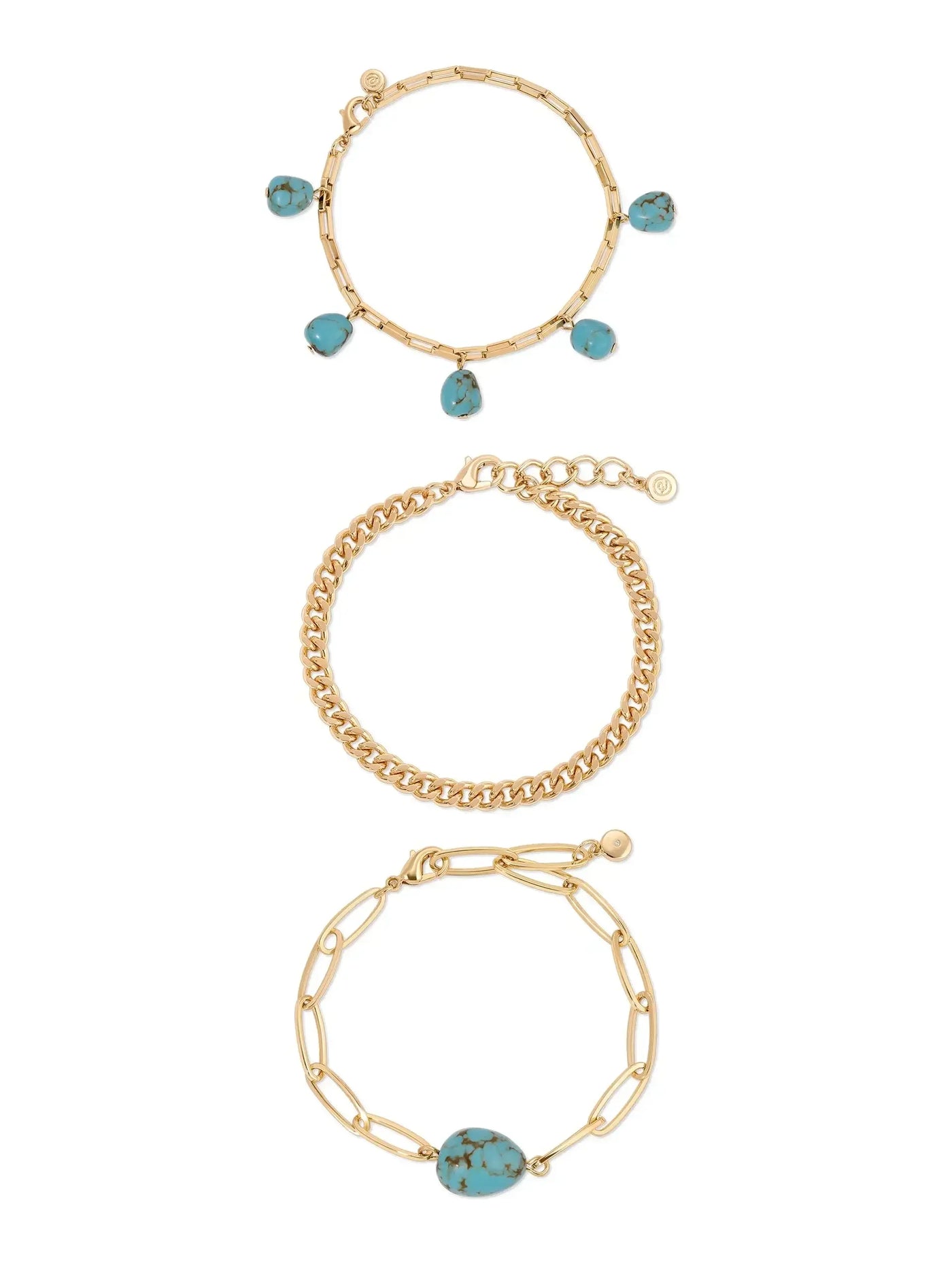 Three bracelets are displayed vertically: the top features gold links with turquoise drops, the middle is a chunky gold chain, and the bottom has elongated links with a single turquoise stone.