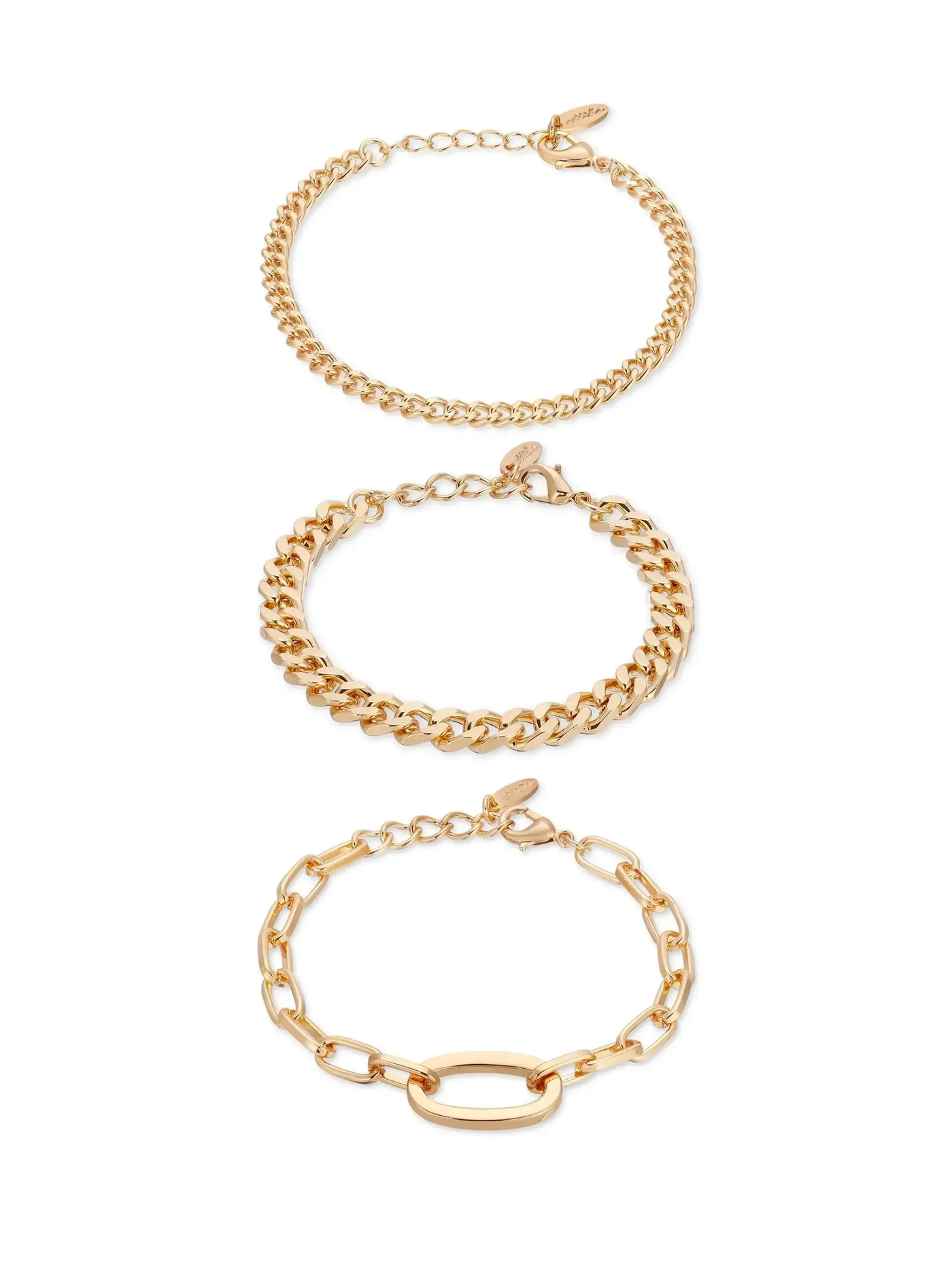 Three gold bracelets are displayed, each featuring different chain styles. They rest against a plain background, showcasing their shiny, reflective surfaces and unique designs.