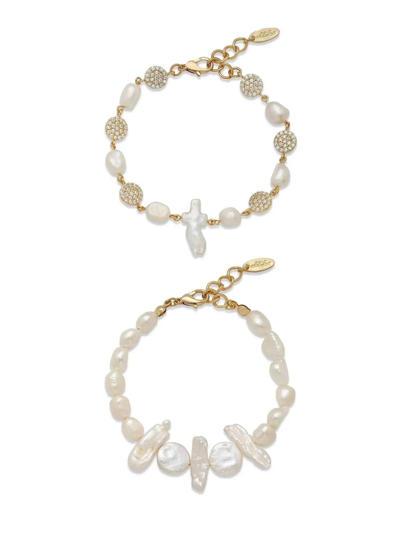 Two bracelets are displayed: the top features white pearls, gold round beads, and a cross, while the bottom showcases a variety of white pearls in different shapes, emphasizing elegance and luxury.