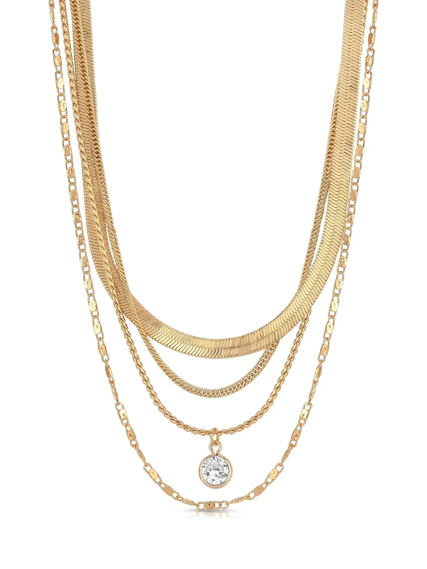 A collection of gold necklaces, layered with different chain styles, features a central pendant. The setting is neutral, emphasizing the shimmer and design of the jewelry pieces.