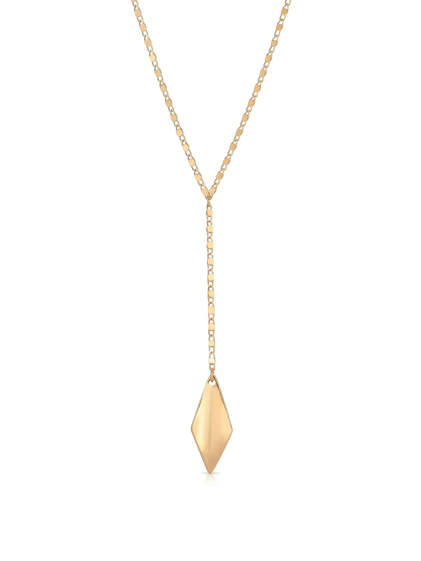 A gold pendant necklace features a diamond-shaped pendant hanging from a delicate chain. The piece is displayed against a plain white background, accentuating its sleek design and shiny finish.