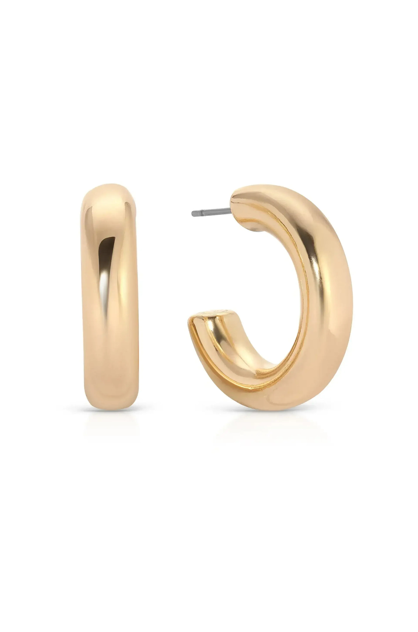 A pair of gold hoop earrings is showcased, one positioned horizontally and the other vertically. The earrings are shiny with a smooth surface, set against a white background.
