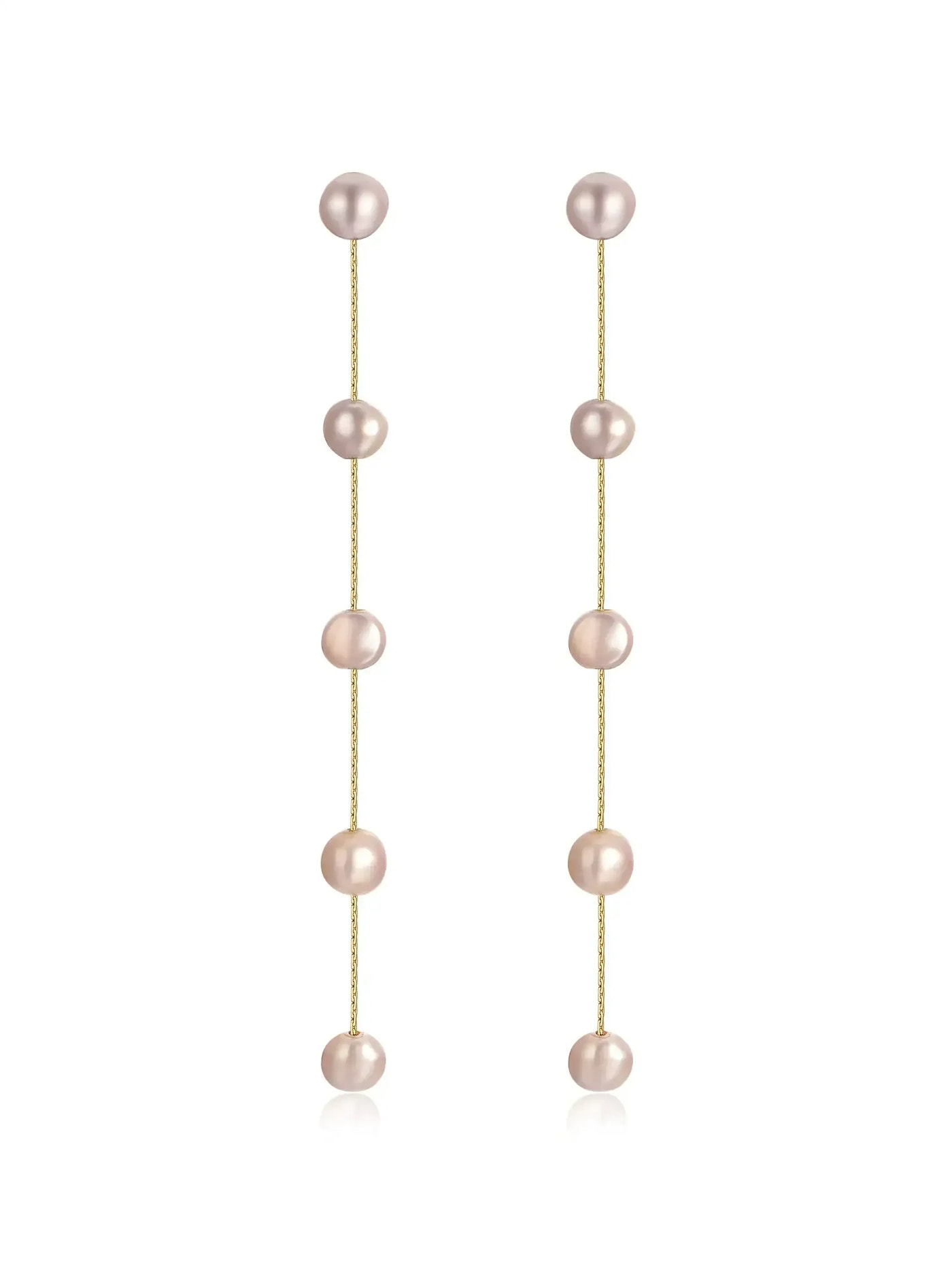 Two long, dangling earrings feature a series of round, pink pearls connected by thin gold chains, designed to enhance elegance and complement formal or casual attire.