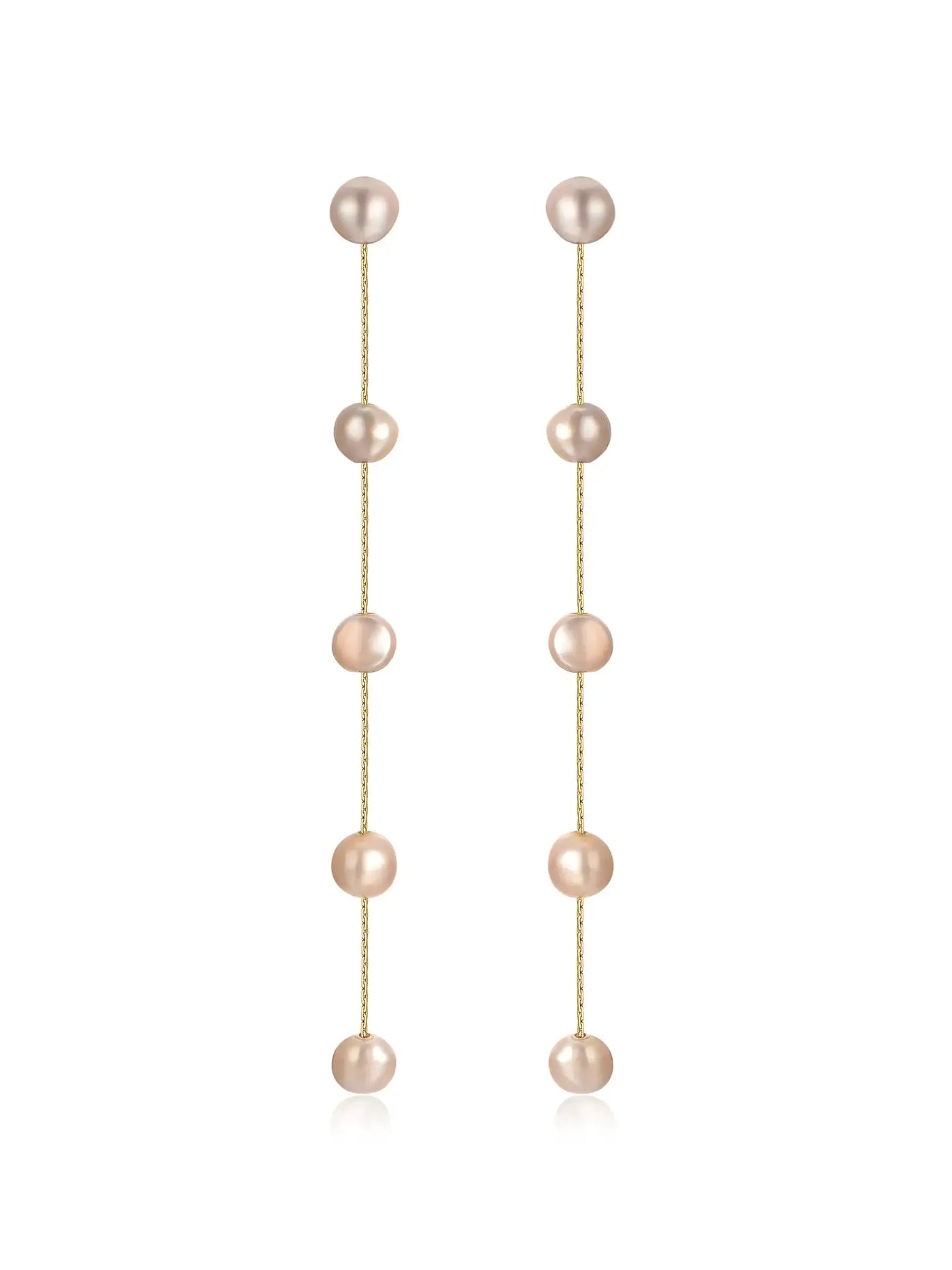 Elegant, elongated earrings featuring a series of pink pearls strung together by thin gold chains, suitable for enhancing formal attire or special occasions. The reflective surface adds sophistication.