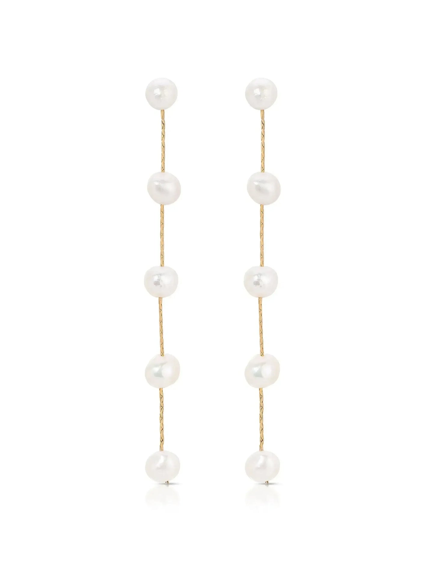 Two long earrings hang vertically, each adorned with several round white pearls strung along a thin, twisted gold wire, creating an elegant and delicate accessory suitable for formal occasions.