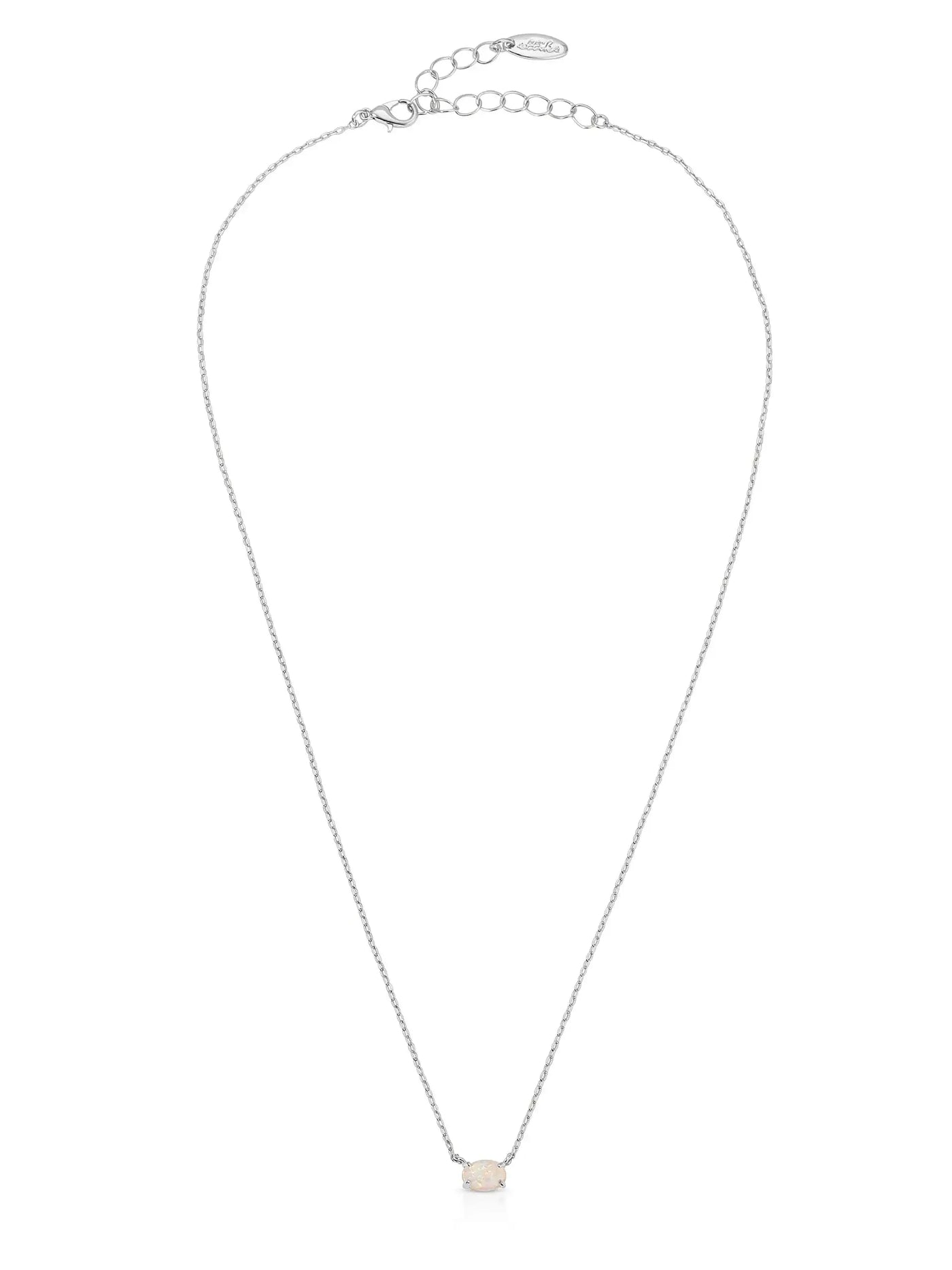 A delicate silver necklace features a central oval opal gemstone, suspended on a fine chain with an adjustable clasp, suitable for various neck sizes and styles.