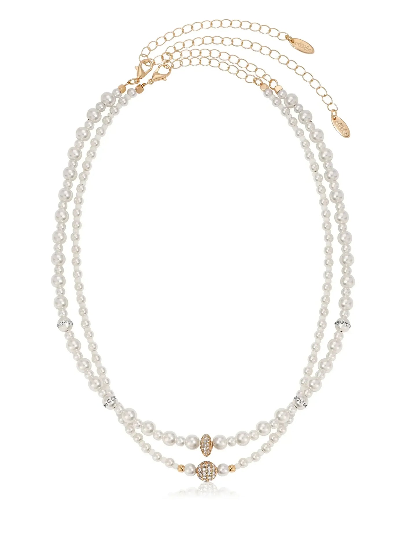 A multi-strand pearl necklace showcases alternating white pearls and decorative gold beads, featuring a sparkling central piece. The elegant design is suspended from a delicate gold chain.