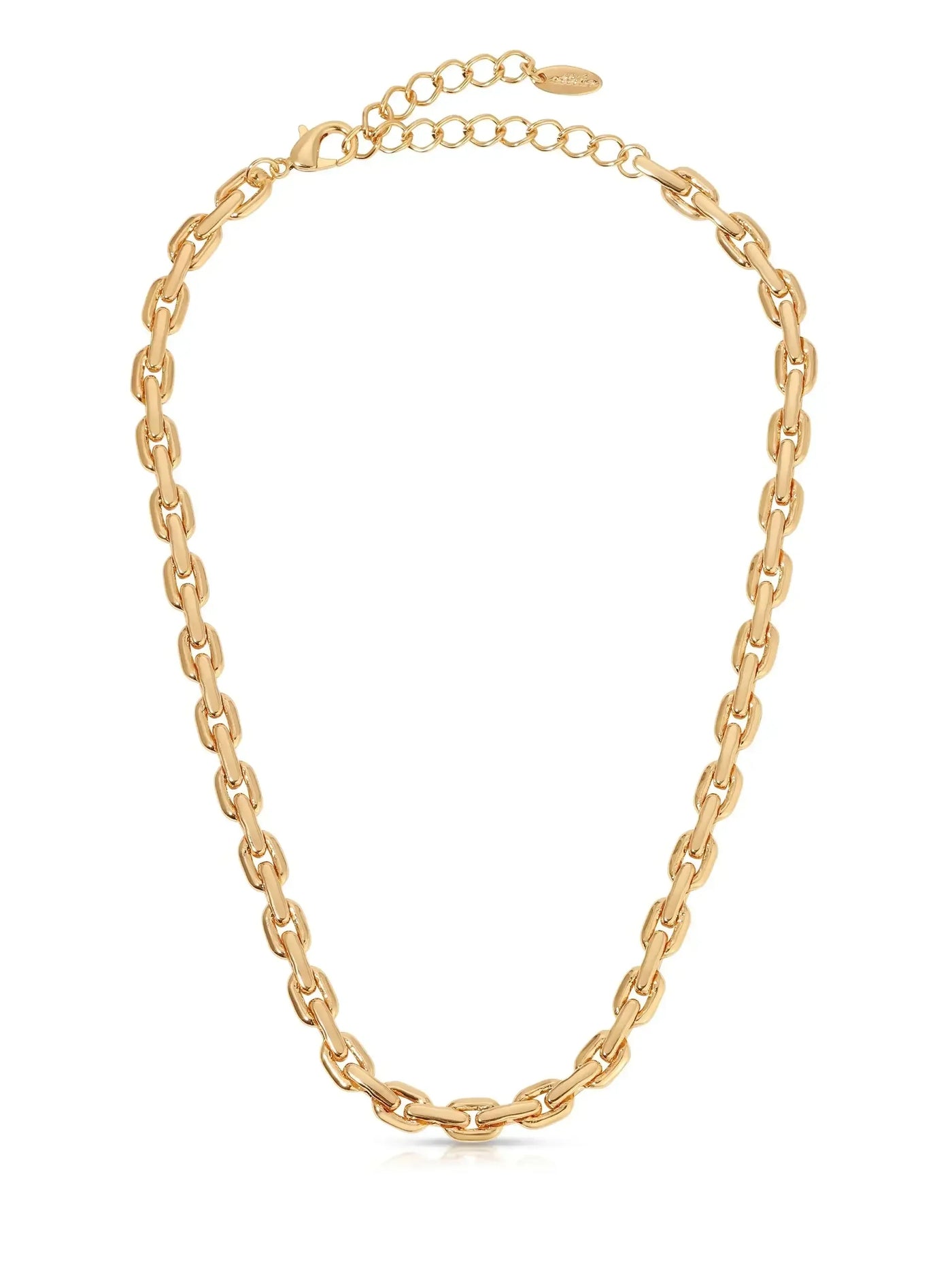 A gold chain necklace features elongated links, displaying a polished finish. It's designed to adorn the neck, with a clasp and adjustable chain for customizable length.