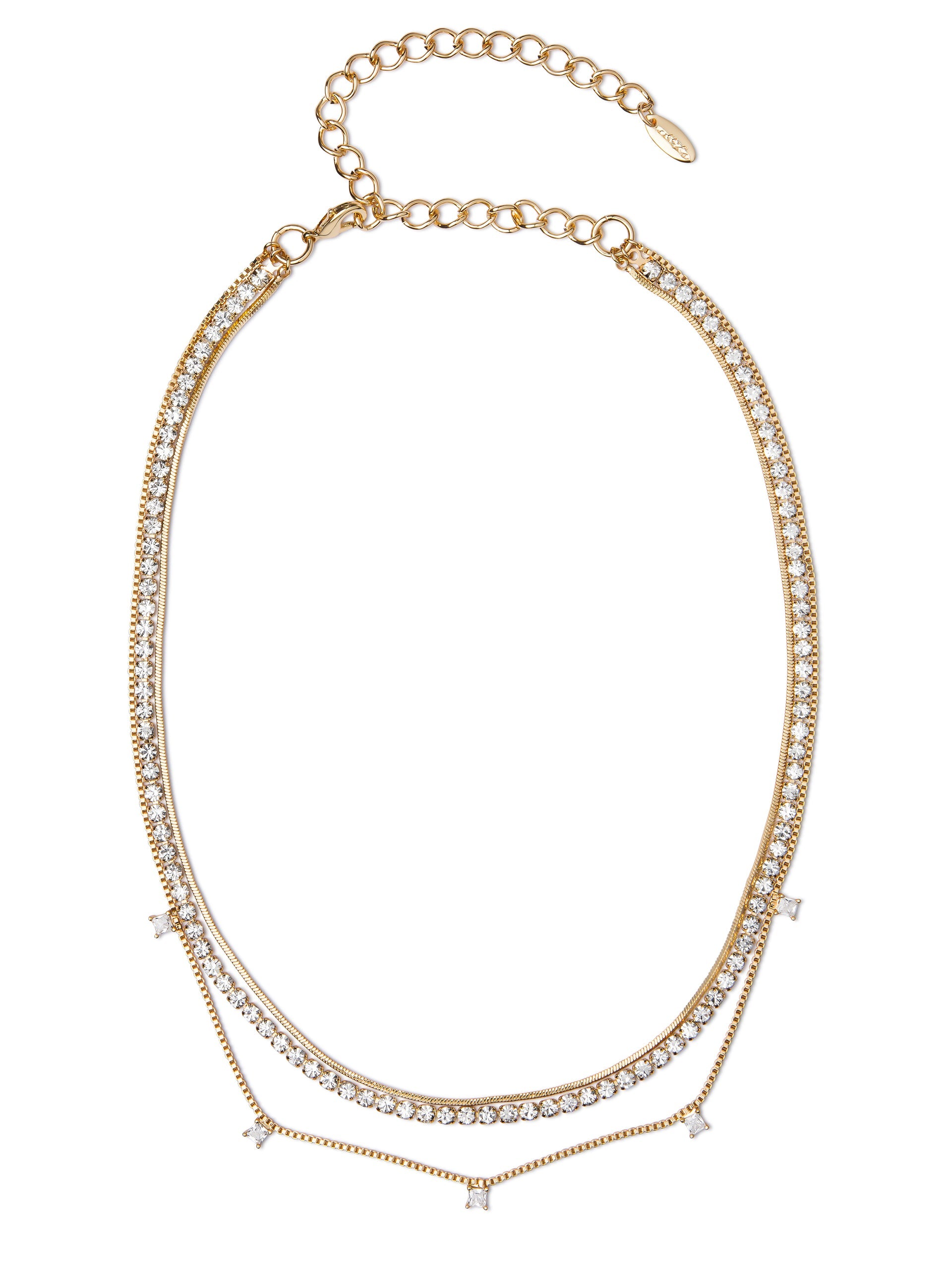 A gold necklace with multiple strands and sparkling rhinestones is displayed, featuring an adjustable chain for fastening. The necklace showcases intricate design elements that enhance its elegance and shine.