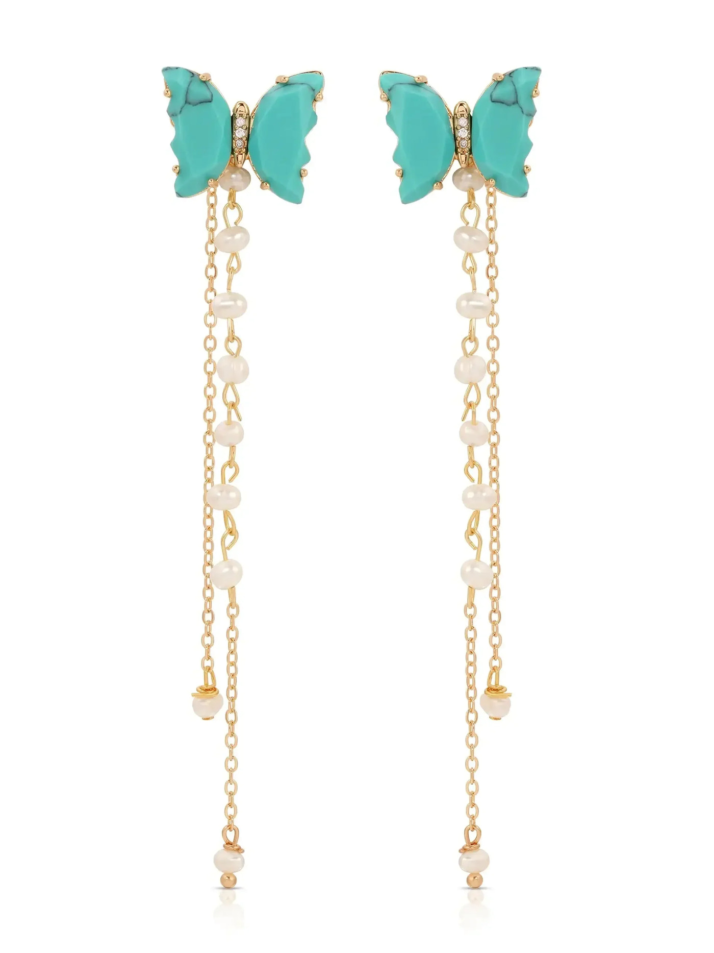 Turquoise butterfly-shaped earrings feature dangling chains adorned with small pearls, creating a whimsical and elegant accessory suitable for various occasions. The gold accents enhance their charm.