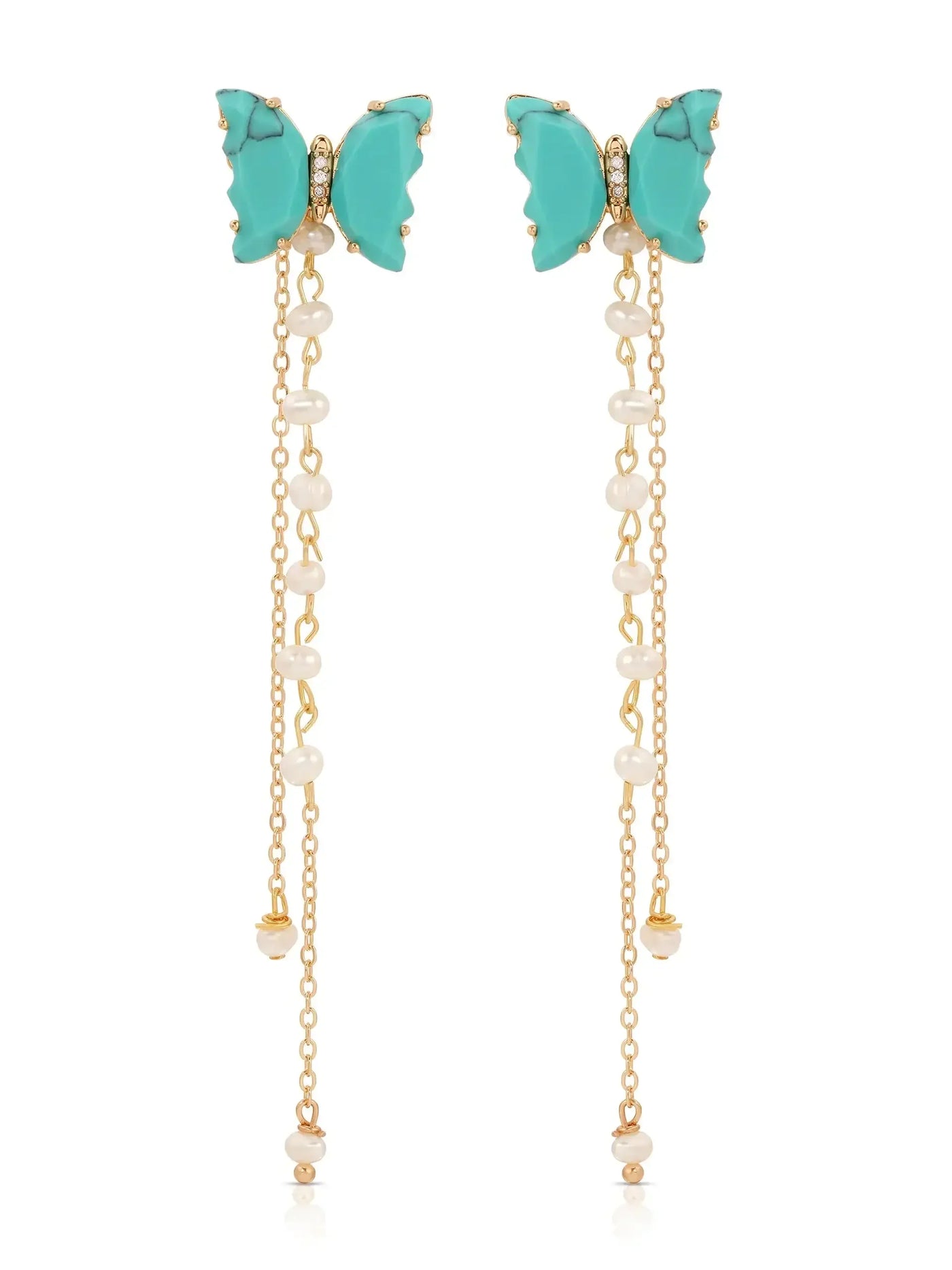 Turquoise butterfly-shaped earrings feature dangling chains adorned with small pearls, creating a whimsical and elegant accessory suitable for various occasions. The gold accents enhance their charm.