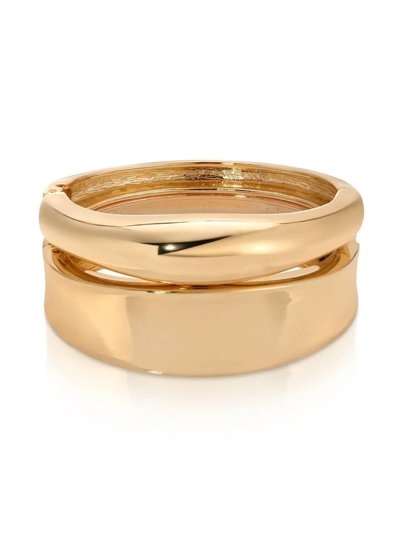 A gold-colored ring features a smooth, shiny surface with two interlocking bands, one slightly thicker than the other. It is isolated against a white background, emphasizing its polished finish.
