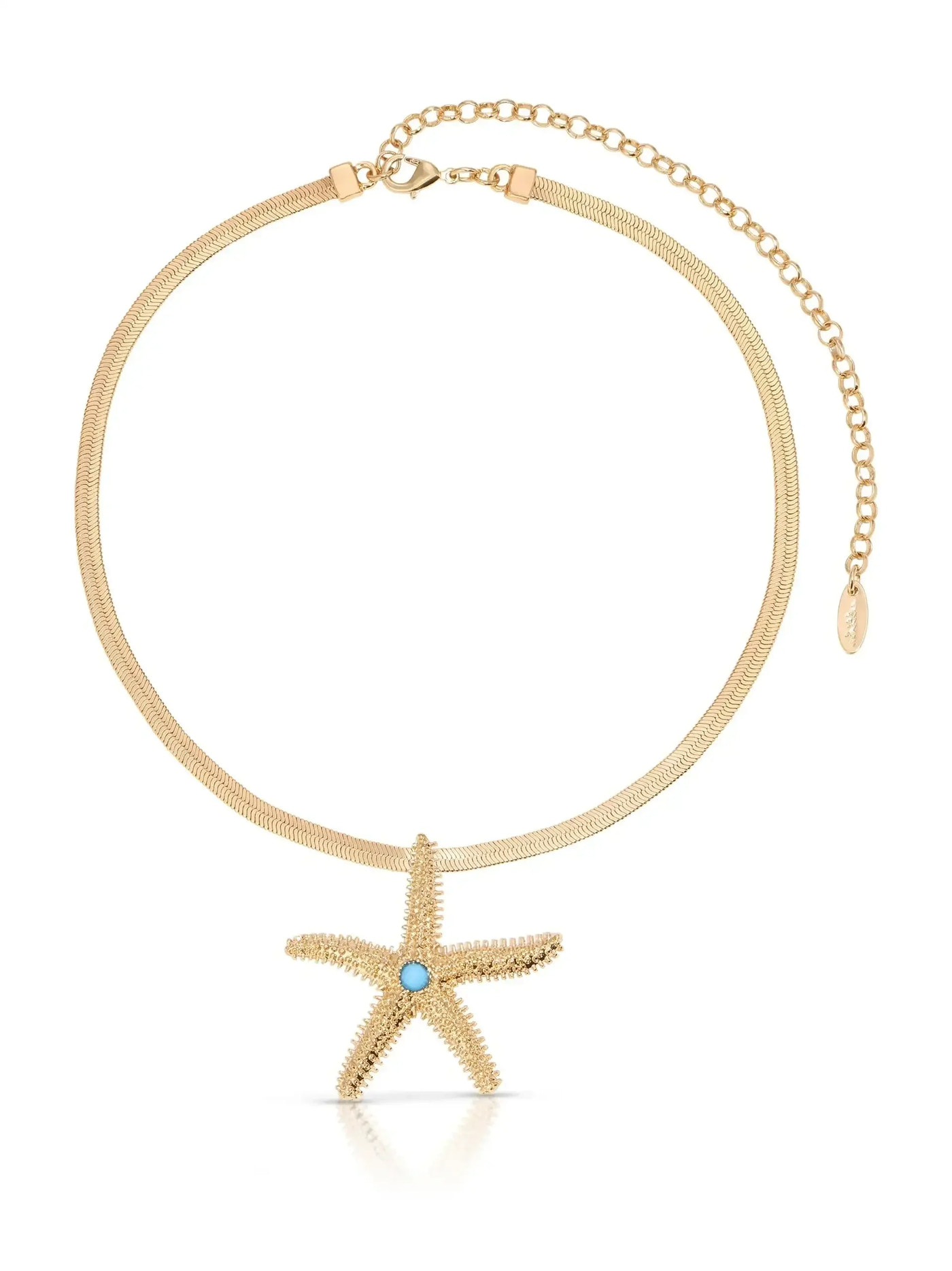 A gold necklace features a starfish pendant with a blue stone at its center. The chain is a smooth, flexible design, and the setting suggests a beach-themed aesthetic.