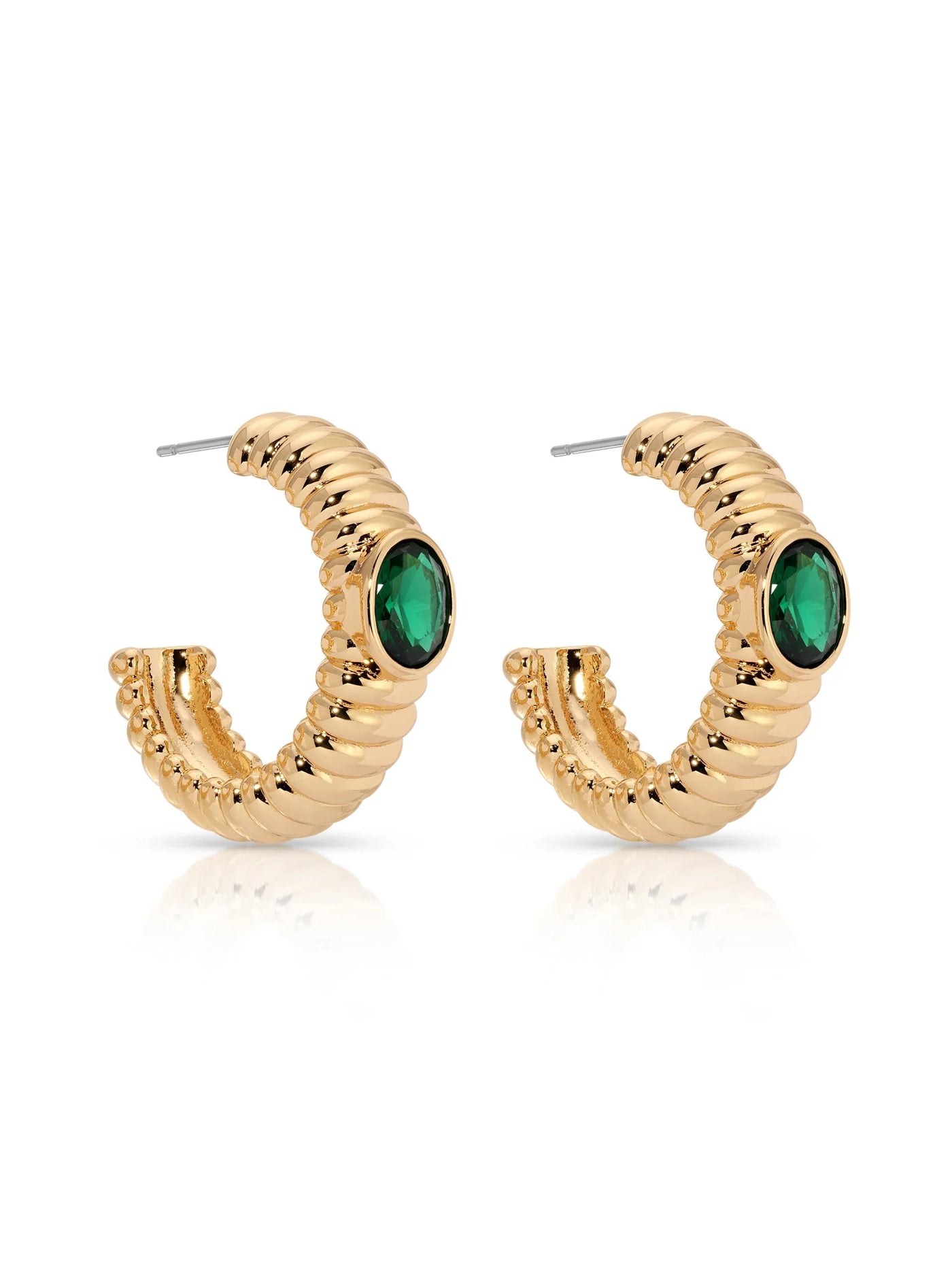 Ribbed Emerald Large Hoops