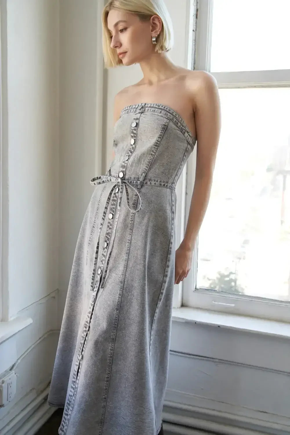 SECRET CRUSH - GREY - ACID WASH DENIM DRESS