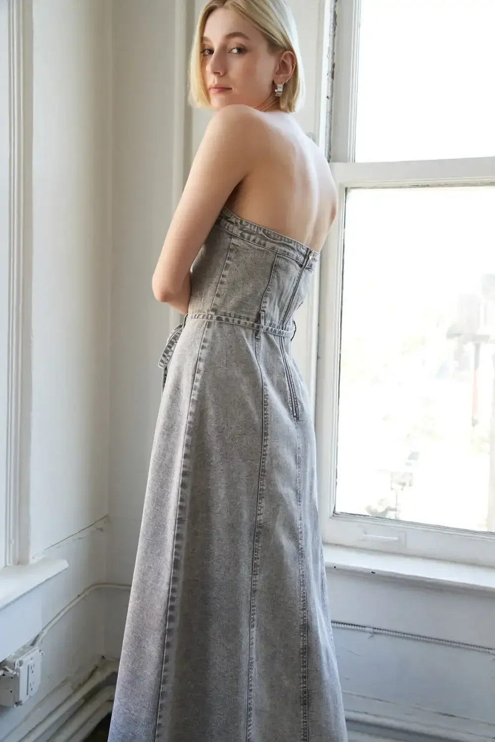 SECRET CRUSH - GREY - ACID WASH DENIM DRESS