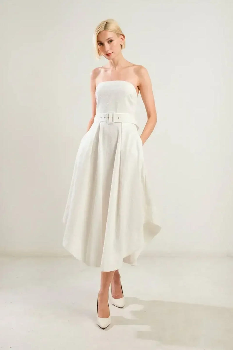 LIFE'S COMPASS - WHITE STRAPLESS MIDI DRESS