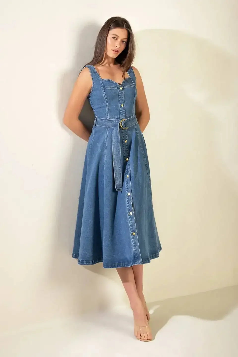 PRETTIEST BEHAVIOR DENIM MIDI DRESS