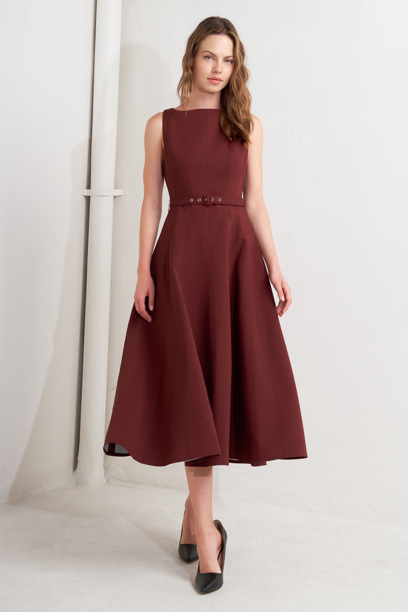 Lady Black Tie - Opera Wine Burgundy Midi Dress With Pockets - Size L Lady Black Tie - Opera Wine Burgundy Midi Dress With Pockets - Size L