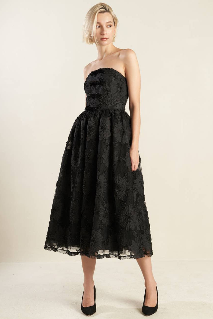 bow detail lace trim a line midi dress in black Halterneck Bow-Detail Midi Dress in Black - 2