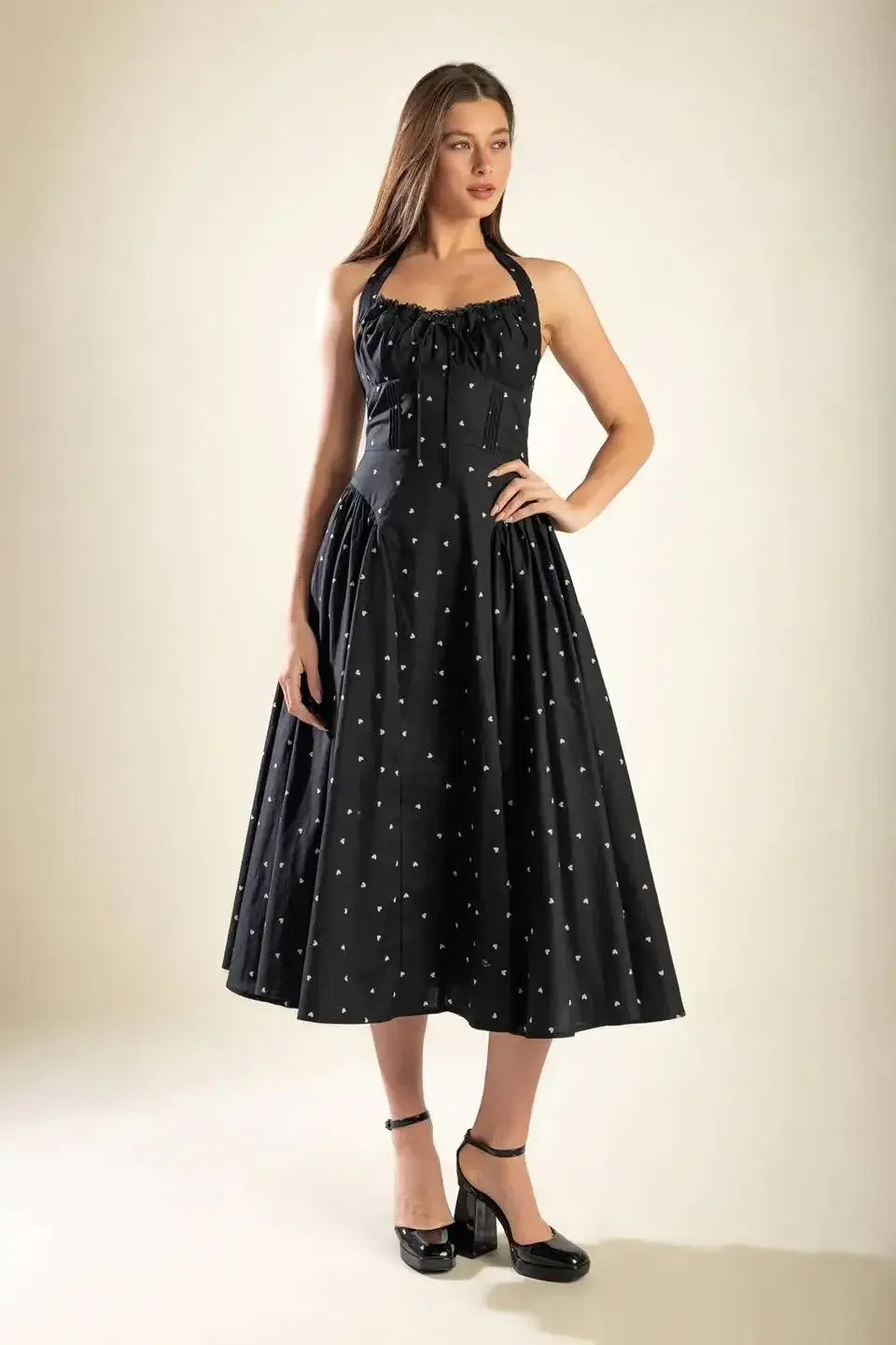 HEART PRINT HALTER DRESS - BLACK