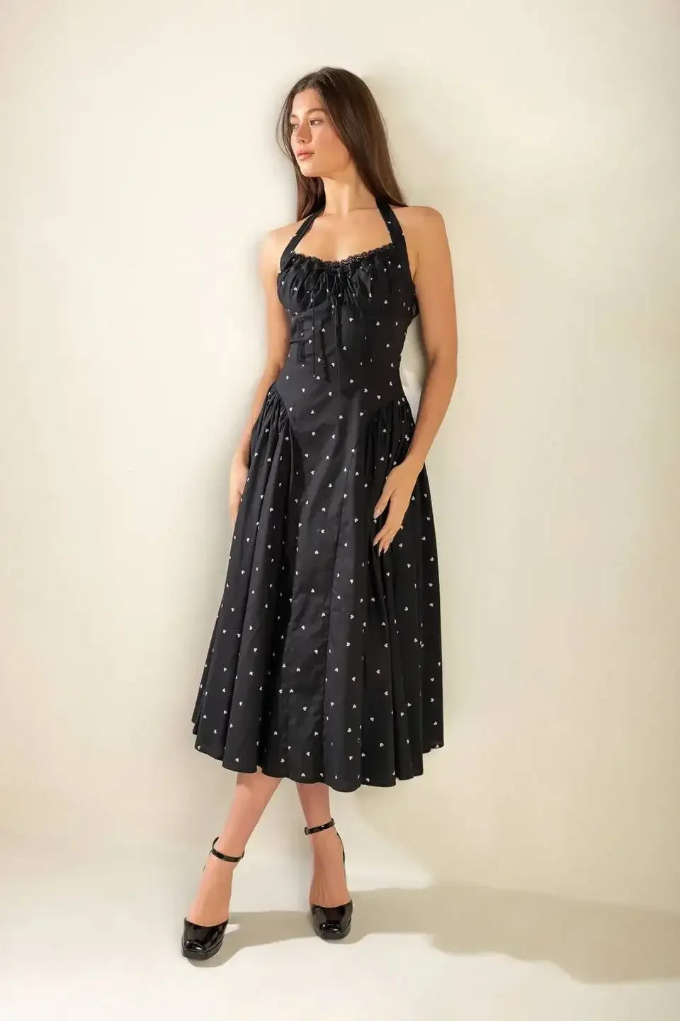 HEART PRINT HALTER DRESS - BLACK