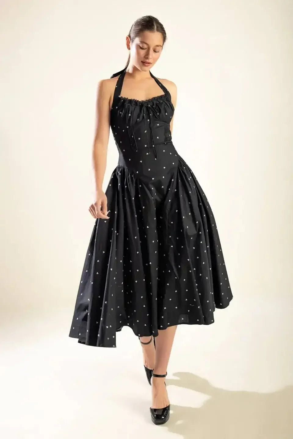 HEART PRINT HALTER DRESS - BLACK